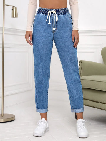 Drawstring Waist Roll Hem Mom Fit Jeans