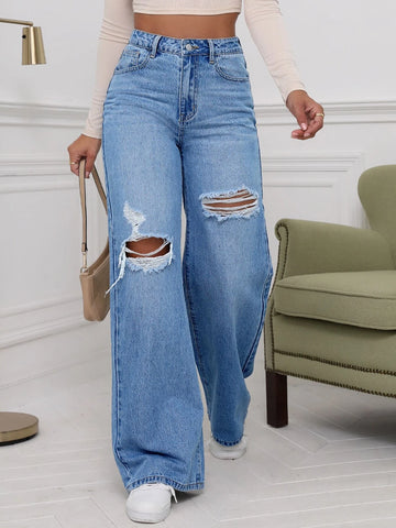 High Waist Ripped Wide Leg Jeans