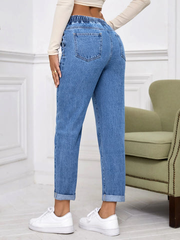 Drawstring Waist Roll Hem Mom Fit Jeans