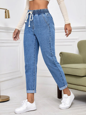 Drawstring Waist Roll Hem Mom Fit Jeans