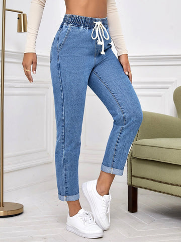 Drawstring Waist Roll Hem Mom Fit Jeans