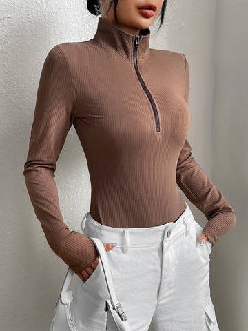 Half Zipper Rib-knit Bodysuit