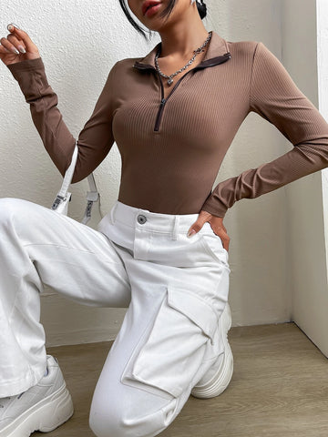 Half Zipper Rib-knit Bodysuit