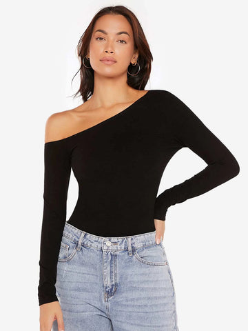 BASICS Solid Rib-knit Notched Neck Tee
