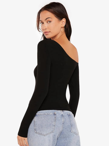 BASICS Solid Rib-knit Notched Neck Tee