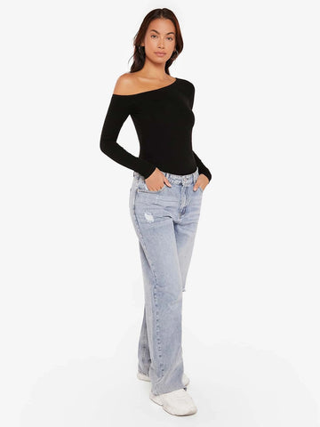 BASICS Solid Rib-knit Notched Neck Tee