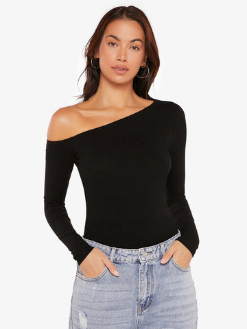 BASICS Solid Rib-knit Notched Neck Tee