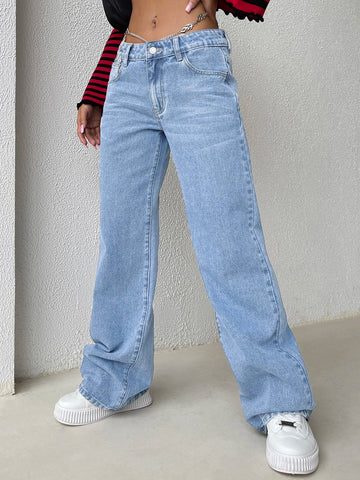 Chain Detail Wide Leg Jeans