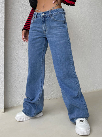 Chain Detail Wide Leg Jeans