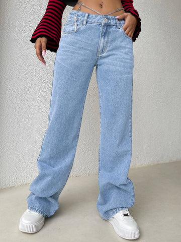 Chain Detail Wide Leg Jeans