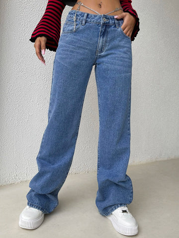 Chain Detail Wide Leg Jeans
