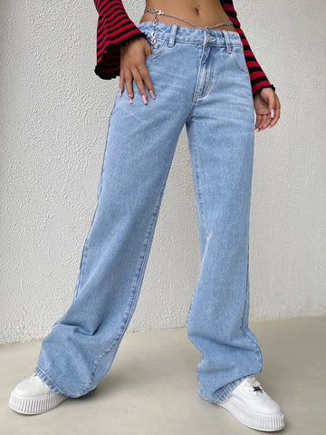 Chain Detail Wide Leg Jeans