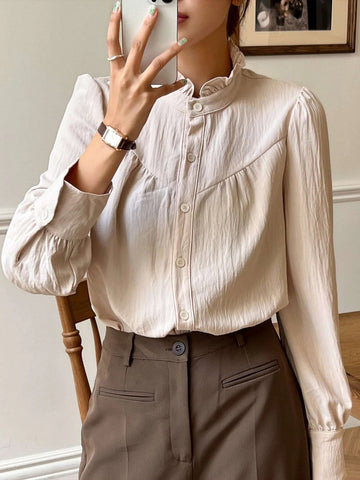 DAZY Solid Frill Neck Button Front Shirt