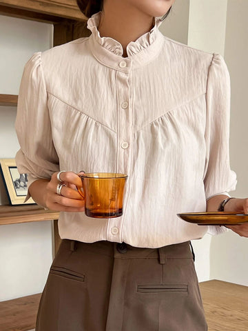 DAZY Solid Frill Neck Button Front Shirt