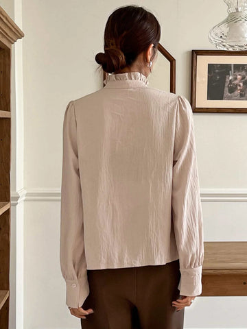 DAZY Solid Frill Neck Button Front Shirt