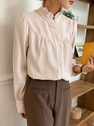 DAZY Solid Frill Neck Button Front Shirt