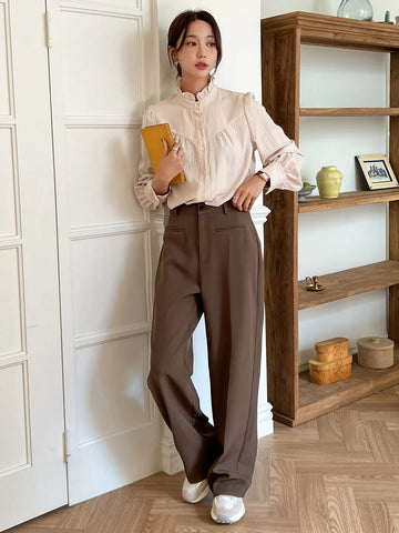 DAZY Solid Frill Neck Button Front Shirt