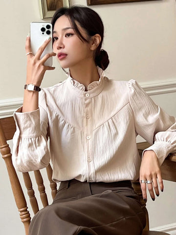 DAZY Solid Frill Neck Button Front Shirt