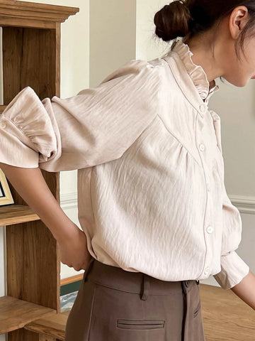 DAZY Solid Frill Neck Button Front Shirt