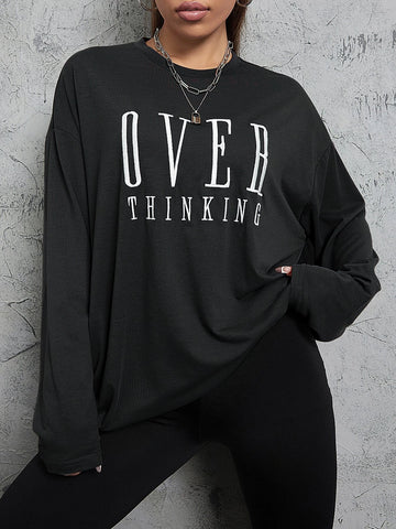 Letter Embroidery Drop Shoulder Tee