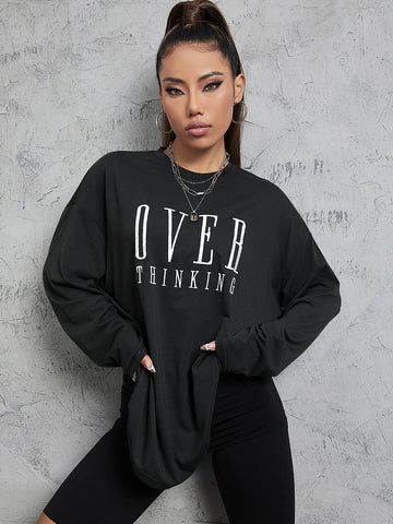 Letter Embroidery Drop Shoulder Tee