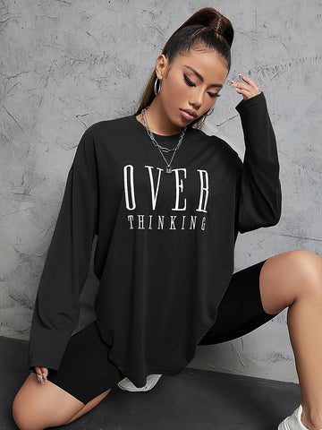 Letter Embroidery Drop Shoulder Tee