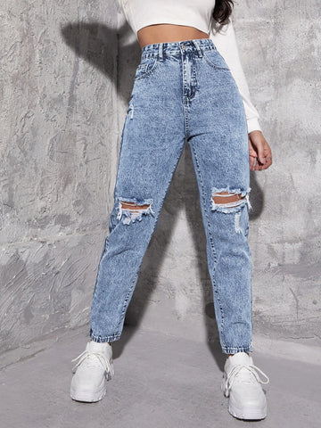 High Waist Ripped Mom Jeans