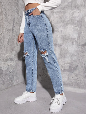 High Waist Ripped Mom Jeans