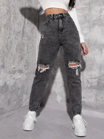 High Waist Ripped Mom Jeans