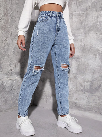 High Waist Ripped Mom Jeans