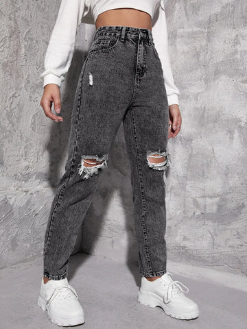 High Waist Ripped Mom Jeans