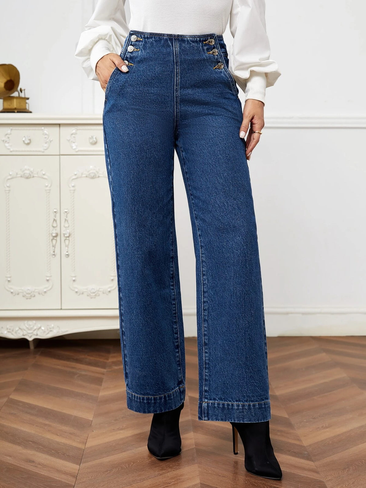 High Waist Button Detail Straight Leg Jeans