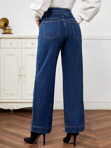 High Waist Button Detail Straight Leg Jeans