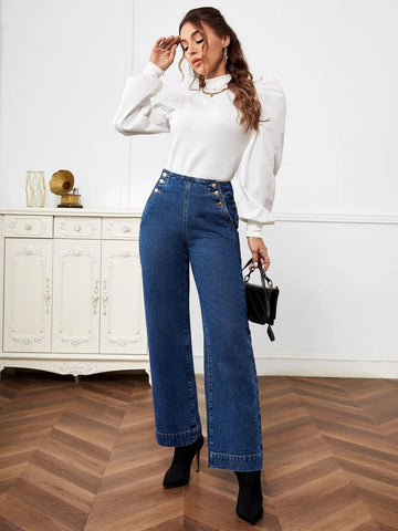 High Waist Button Detail Straight Leg Jeans