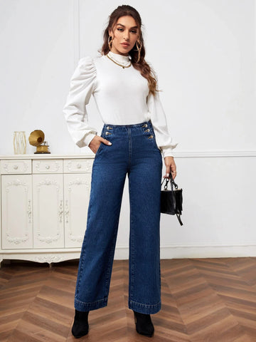 High Waist Button Detail Straight Leg Jeans