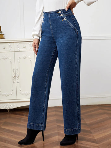 High Waist Button Detail Straight Leg Jeans