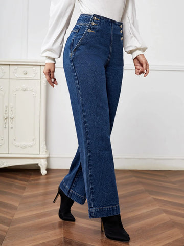 High Waist Button Detail Straight Leg Jeans