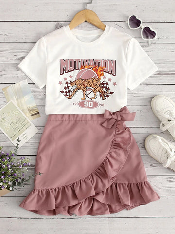 Girls Letter & Leopard Print Tee & Ruffle Trim Tie Side Wrap Skirt