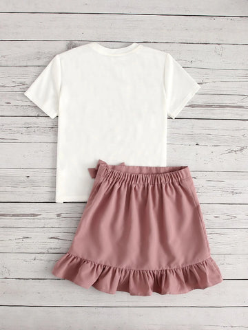 Girls Letter & Leopard Print Tee & Ruffle Trim Tie Side Wrap Skirt