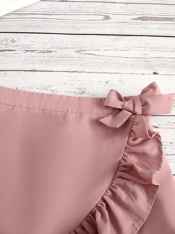 Girls Letter & Leopard Print Tee & Ruffle Trim Tie Side Wrap Skirt