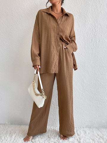 Solid Drop Shoulder Shirt & Wide Leg Pants