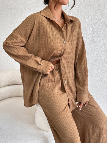 Solid Drop Shoulder Shirt & Wide Leg Pants