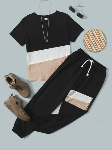 Boys Color Block Tee & Drawstring Waist Sweatpants