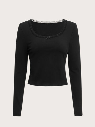 ROMWE Sweetness Contrast Lace Ribbed Tee