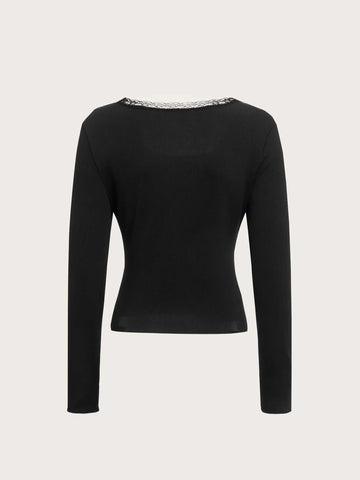 ROMWE Sweetness Contrast Lace Ribbed Tee