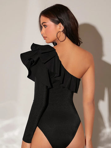 One Shoulder Ruffle Trim Bodysuit
