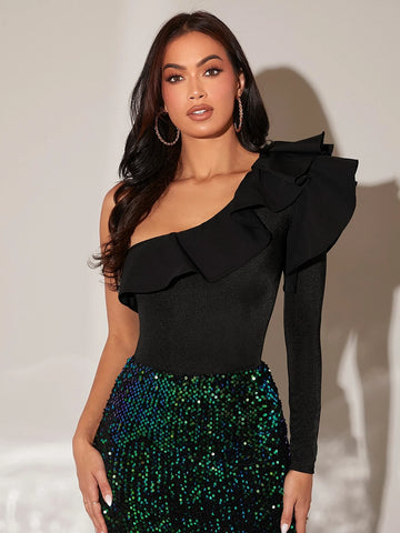 One Shoulder Ruffle Trim Bodysuit