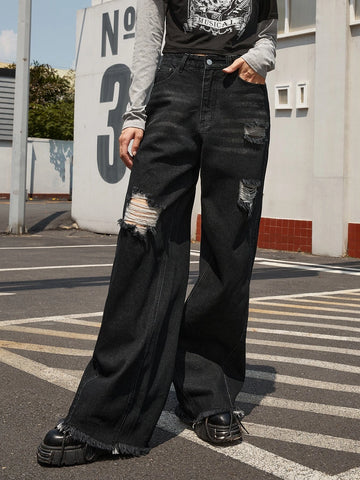 ROMWE Street Life Ripped Wide Leg Jeans
