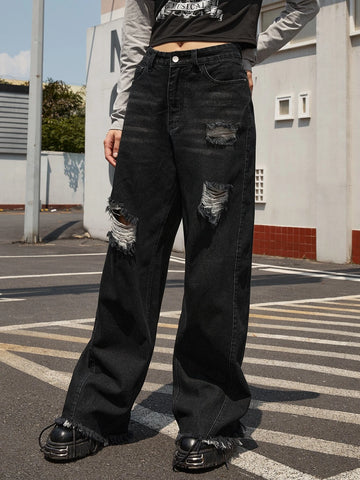 ROMWE Street Life Ripped Wide Leg Jeans