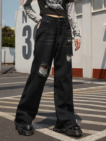 ROMWE Street Life Ripped Wide Leg Jeans